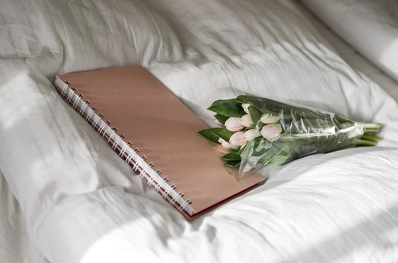NOTE BOOK AND TULIPS